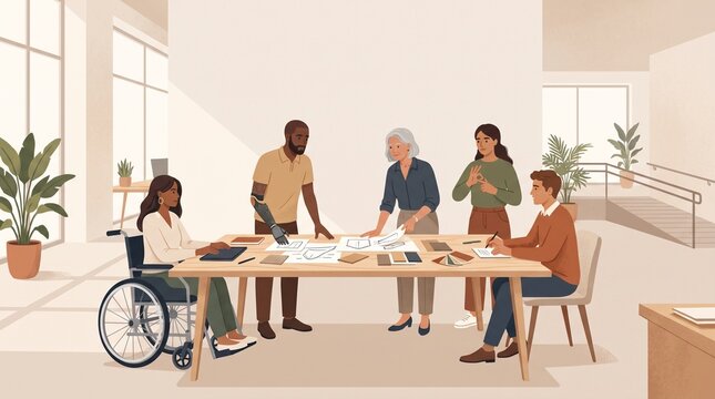 Diverse Inclusive Team with Disabilities Collaborating in Office