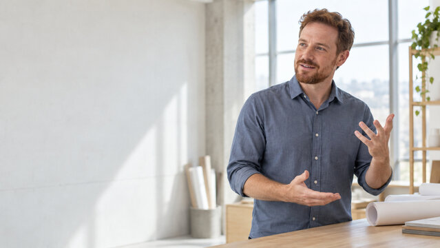 Professional Architect Presenting Project Ideas in a Modern Bright Office