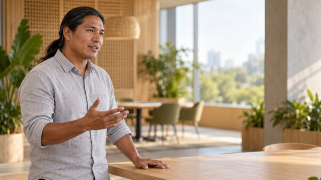Professional man with long hair gesturing while talking in a modern sunlit office