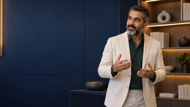 Professional Middle-Aged Businessman Talking in Modern Office Setting