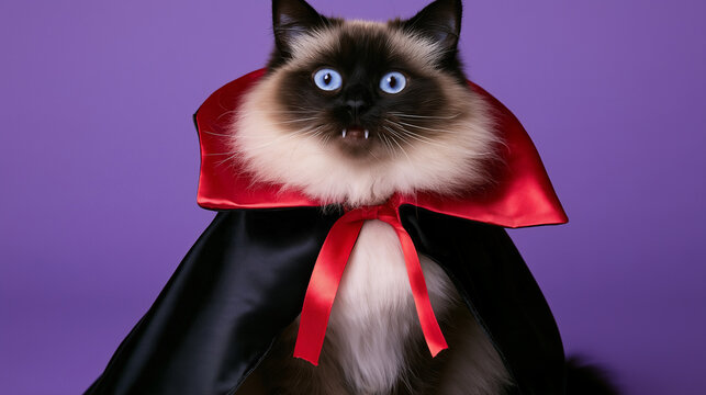 Front-facing portrait of a fluffy colorpoint cat with bright blue eyes dressed as Count Dracula, wearing a dramatic black cape with a shiny red satin collar and ribbon while sittin