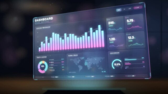 Holographic digital marketing dashboard screen rising above a desk with campaign metrics