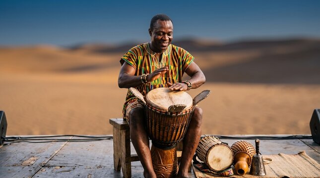 African man playing djembe drum in traditional clothing outdoors with desert landscape background
