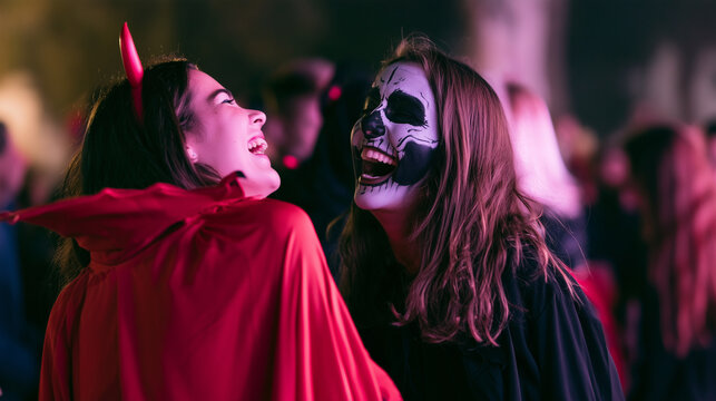 Two young women laughing together at a vibrant Halloween party, one dressed as a red devil with small horns and flowing cape, the other wearing dramatic black-and-white skeleton fa