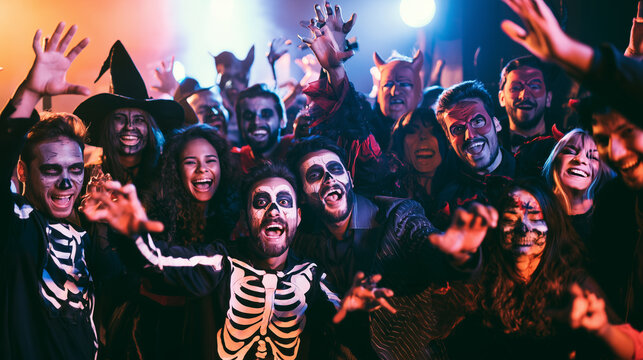 Group of young adults celebrating at a lively Halloween costume party, friends dressed as skeletons, witches, devils and vampires laughing, dancing and raising their hands under co
