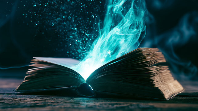Low-angle close-up of an old open book with pages fanned upward while intense turquoise light and ethereal smoke emerge from its center, shimmering particles floating through a mys