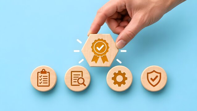 Hand placing quality certification hexagon block over inspection compliance icons for business standard audit process