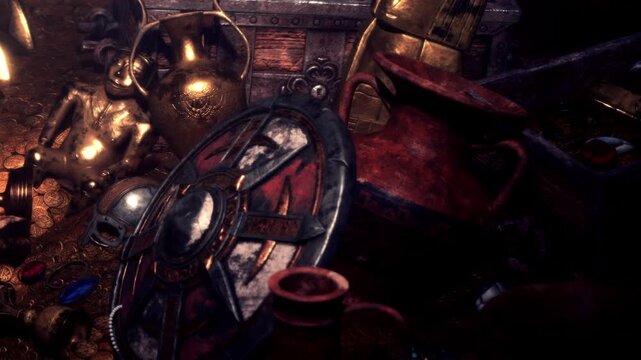 Ancient pots and ornate shields rest in a dimly lit corner, surrounded by gold coins and trinkets, hinting at a rich history and secrets waiting to be uncovered.