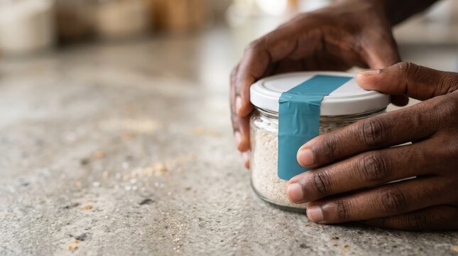 Person's hands seal a glass jar with granular contents