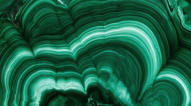 Polished green malachite stone has concentric bands that form a rich design. The smooth surface offers an eye-catching view with empty space.