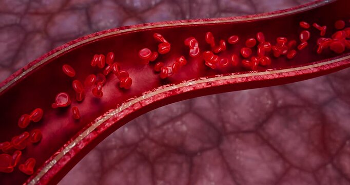 Hemoglobin-rich red blood cells moving in blood vessel, used for educational, medical, and biotechnology content to illustrate cardiovascular and cellular anatomy, 3D Rendering
