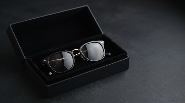 luxury stylish black and gold eyeglasses in open leather presentation box on dark background
