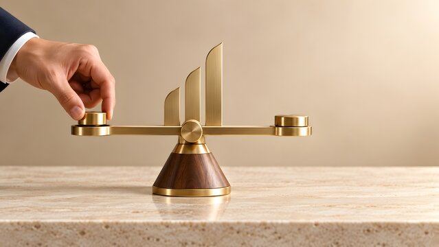 Businessman Hand Adjusting Golden Scales With Financial Bar Chart And Coin For Investment Balance And Wealth Management