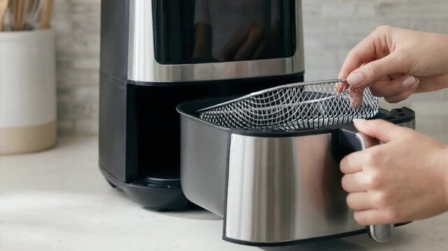 Close-up of hands removing fry basket from air fryer