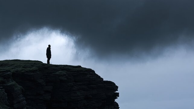 Lone Figure Standing on Cliff Edge Against Dramatic Stormy Sky.