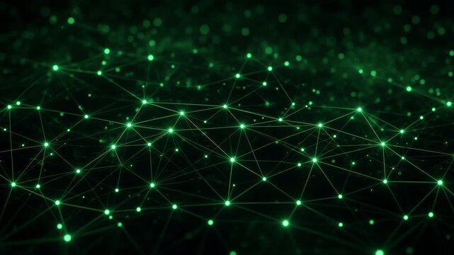Abstract digital network connections with glowing green nodes and lines on a dark background representing data transfer and technology concepts