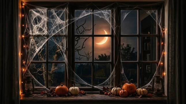 View through a window with spider webs and pumpkins at night with a crescent moon