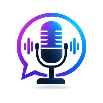 Modern Podcast Microphone Logo with Gradient Speech Bubble and Audio Waveform Icon. 