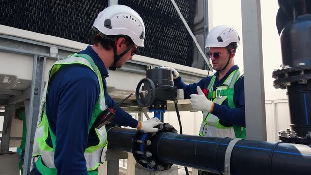 Technician team checking pipe valve, industrial maintenance service monitoring cooling tower system, two man engineer using walkie talkie radio, technical inspection, industry concept.