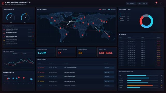 Cyber security operations dashboard escalating to critical as attacks spread across a world map