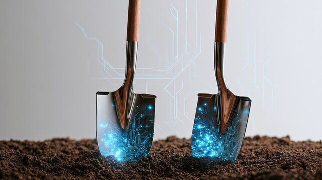 Two Shovels Filled With Glowing Blue Light Stuck In Soil.