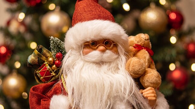 A festive portrait of a traditional Santa Claus doll wearing glasses, carrying a gift sack and a teddy bear with a blurred Christmas tree background.