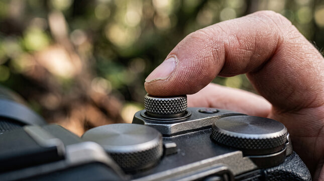 Photographer Adjusting Camera Dial Outdoors in Nature