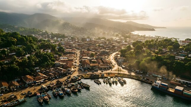 Panoramic Aerial View of Freetown Coastal Cityscape in Sierra Leone