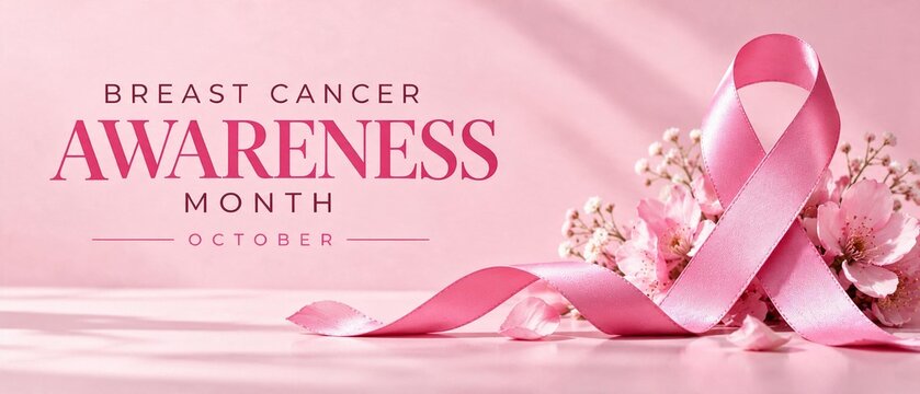  Breast cancer awareness month October banner with symbolic pink silk ribbon, delicate flowers and typography on soft pastel background.