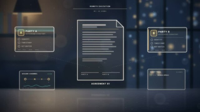 Digital contract signing animation with two verified parties and a padlock sealing the agreement
