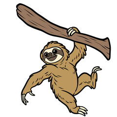 Fototapeta premium Cute cartoon brown sloth hanging on a tree branch jungle wildlife animal illustration isolated on transparent background