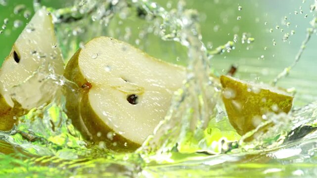 Super Slow Motion Shot of Fresh Pear Falling into Water and Making Splash at 1000fps.