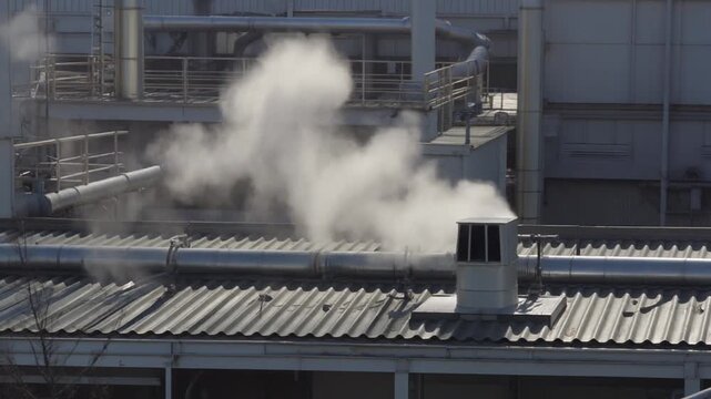 Steam vent on a plant roof with steam curling upward without