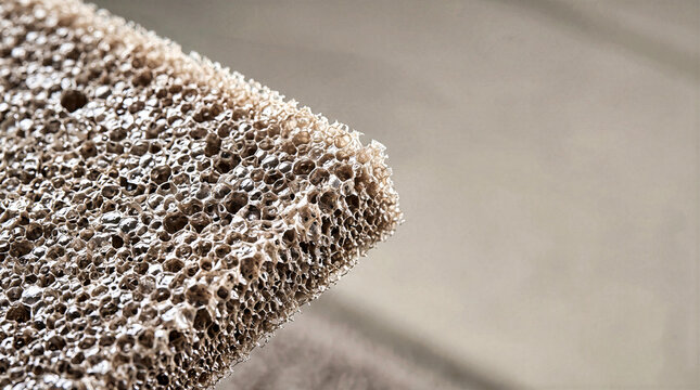 Macro close up view of brown open cell acoustic foam showing porous cellular texture and sponge structure. Soundproofing insulation material on neutral soft background with blank copy space