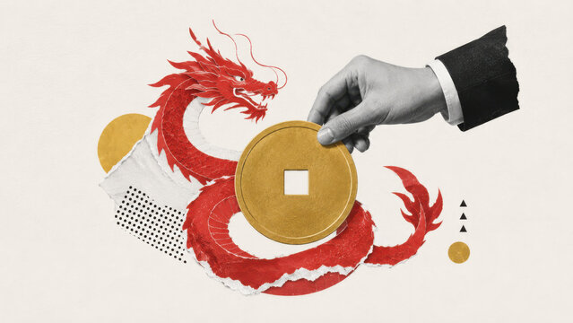 Chinese New Year prosperity and financial fortune. Suited hand holding a gold coin above a coiled paper dragon in torn paper collage