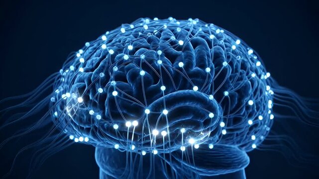 A glowing digital illustration of a human brain with illuminated neural network connections, symbolizing artificial intelligence and cognitive processes.