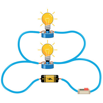 two Lit Light Bulbs Connected in a Parallel Circuit With Battery and Switch Illustration