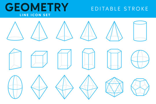 Geometry icon set. Simple outline signs. Editable Stroke. Tetrahedron, pyramid, prism, octahedron, sphere, ellipsoid, cone, cylinder, cube, cuboid minimal vector illustrations geometric shapes.
