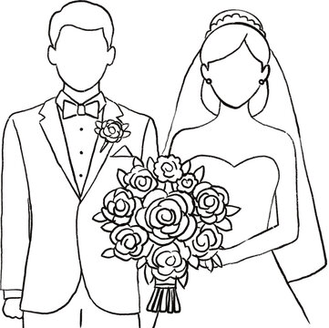 Faceless bride and groom wedding couple outline illustration