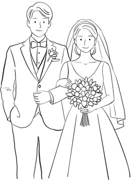 Bride and groom couple in wedding attire line art illustration