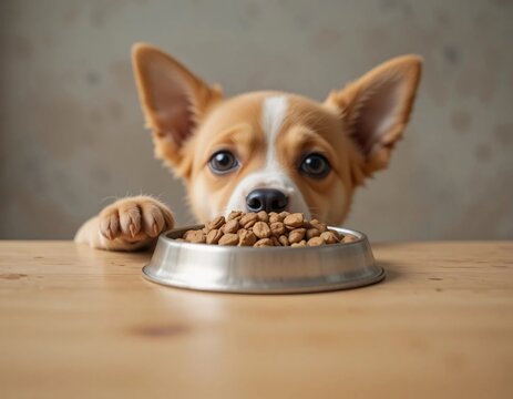 Cute puppy peeking over a metal bowl filled with dry dog food, pet nutrition concept.