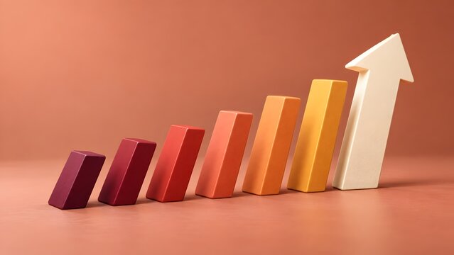 Warm toned 3D bar chart with cascading domino effect transforming into an upward arrow indicating positive business momentum and growth