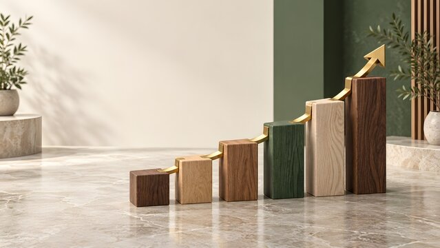 Eco friendly business growth concept featuring an upward golden arrow resting on ascending wooden blocks in a natural minimal setting