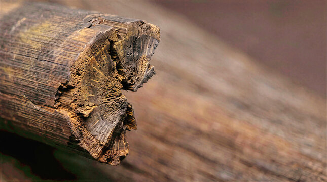 Macro close up view of charred bamboo charcoal cross section showing fractured fibrous end. Dark burnt wood grain texture with detailed porous carbon structure for natural material background