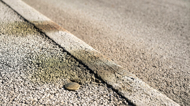 High angle close up view of porous asphalt pavement with dark oil stain along concrete curb edge. Road surface texture with brass survey marker token for civil engineering and urban background