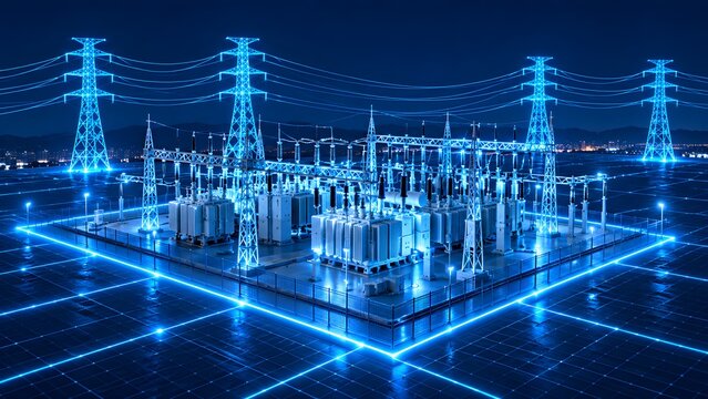Futuristic Digital Smart Grid Substation with Glowing High Voltage Power Lines and Transformers at Night