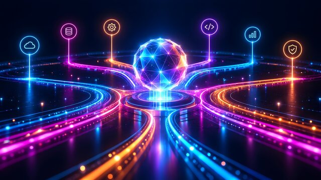 3D glowing geometric sphere acting as a central network hub distributing data trails to cloud, database, analytics, and security interface nodes