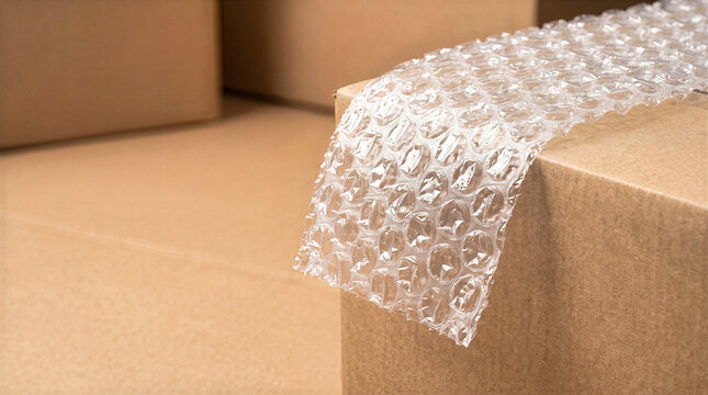 Clear plastic bubble wrap protection draped over cardboard box edge at shipping packing station. Warehouse packaging material texture closeup for logistics, delivery and parcel protection concept
