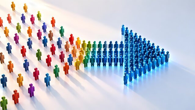 Colorful 3d figures gathering and merging into a large blue arrow shape. Concept of corporate leadership and team alignment strategy.
