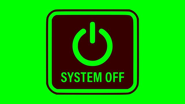 animated green system off button with flashing red light effect inside a square panel on a green screen chroma key background